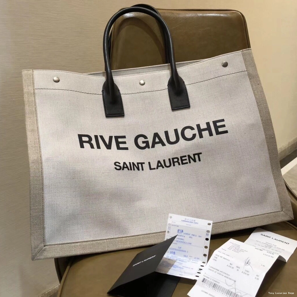 Tony Luxuries YSL IN GAUCHE RIVE AND BAG TOTE LEATHER LINEN 0711